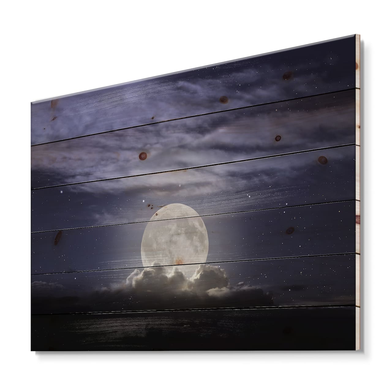 Designart - Full Moon Rising In A Cloudy Night - Nautical & Coastal Print on Natural Pine Wood